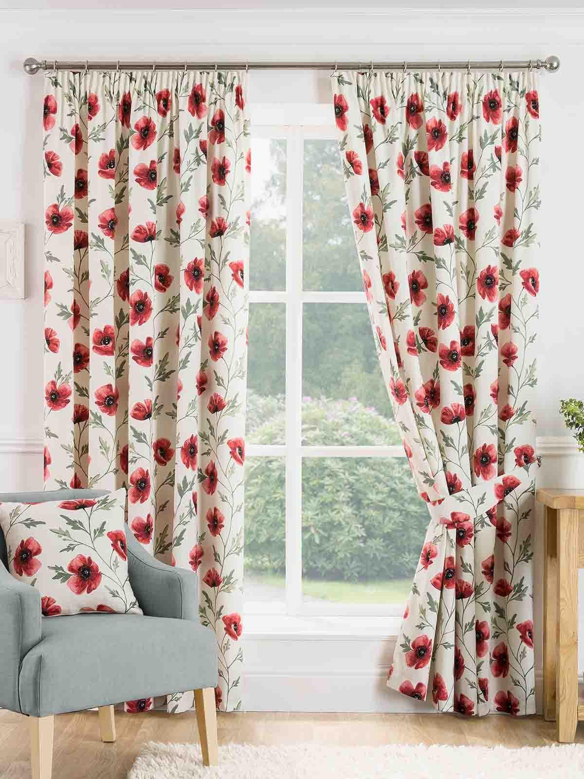 Red Floral Printed Cotton Pencil Pleat Curtains Ponden Home