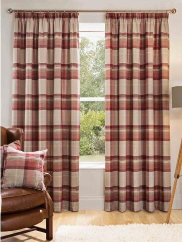 Red Highland Brushed Check Pencil Pleat Curtains | Ponden Home