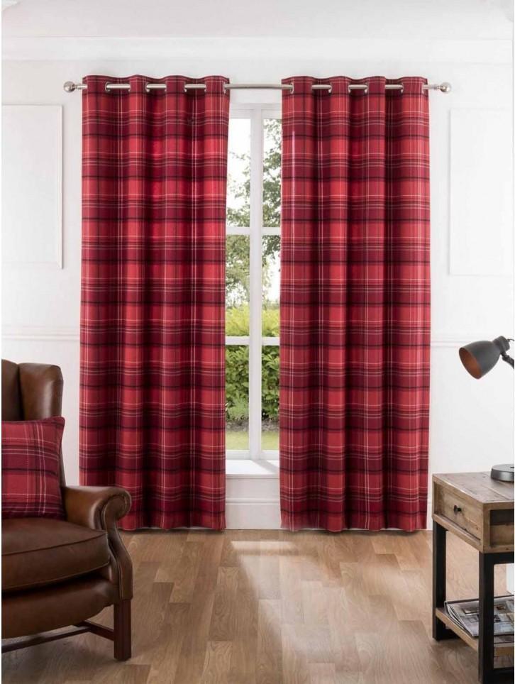 Hardy Woven Check Eyelet Curtains Red | Ponden Home