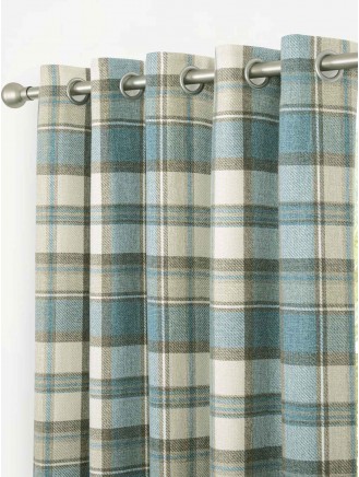 Teal Brushed Check Eyelet Curtains
