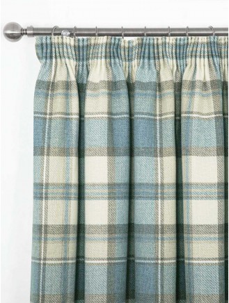 Teal Brushed Check Pencil Pleat Curtains