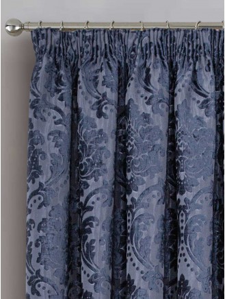 Navy Valencia Jacquard Pencil Pleat Curtains