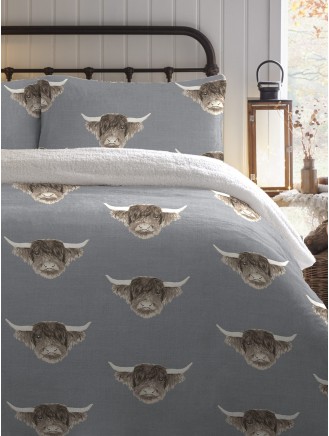 Cowan Highland Cow Print Fleece Grey Duvet Set