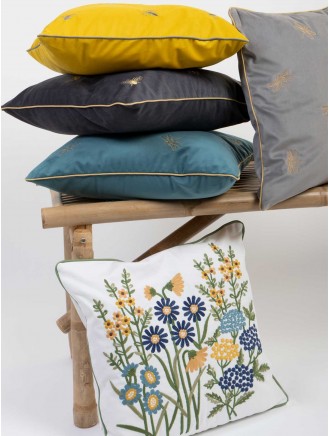 Ochre Embroidered Bee Velvet Cushion