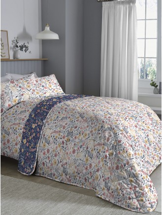 Loren Floral Print Easy Care Navy Bedspread