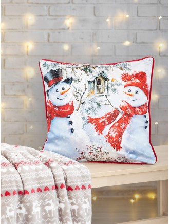 Snowmen Print Velvet Red Cushion