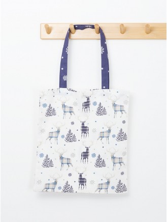 Stag Print Cotton Navy Tote Bag