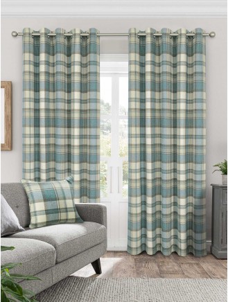 Teal Brushed Check Eyelet Curtains