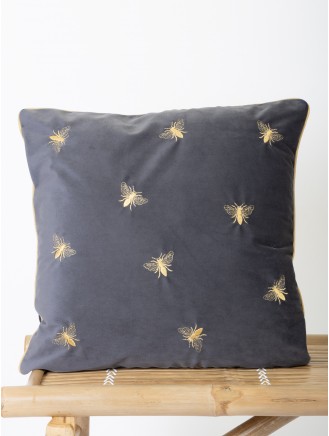Grey Embroidered Bee Velvet Cushion