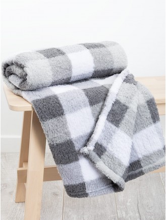 Teddy Fleece Check Grey Throw
